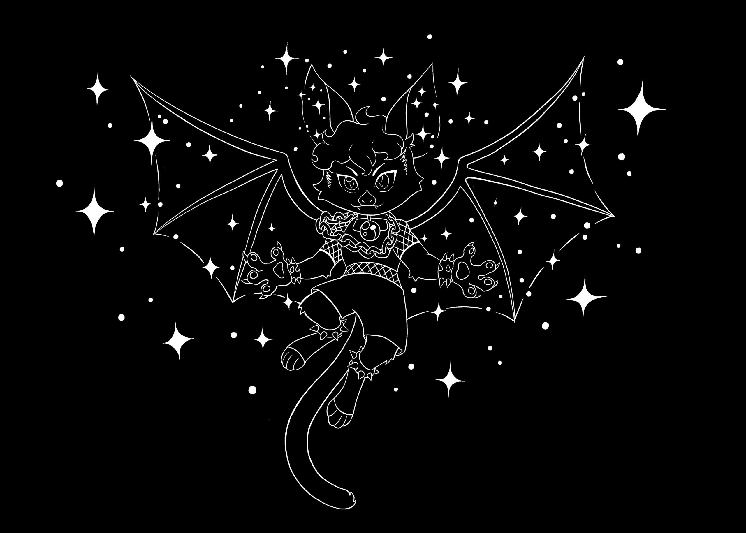 Image of my fursona, catbat me spreading their wings amongst starlight dust. White on black background. I'm wearing chains, spikes, and fishnets.