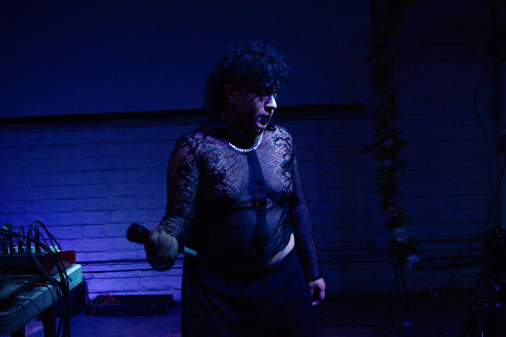 Me at Coaxial arts, wearing a sheer shirt holding a microphone