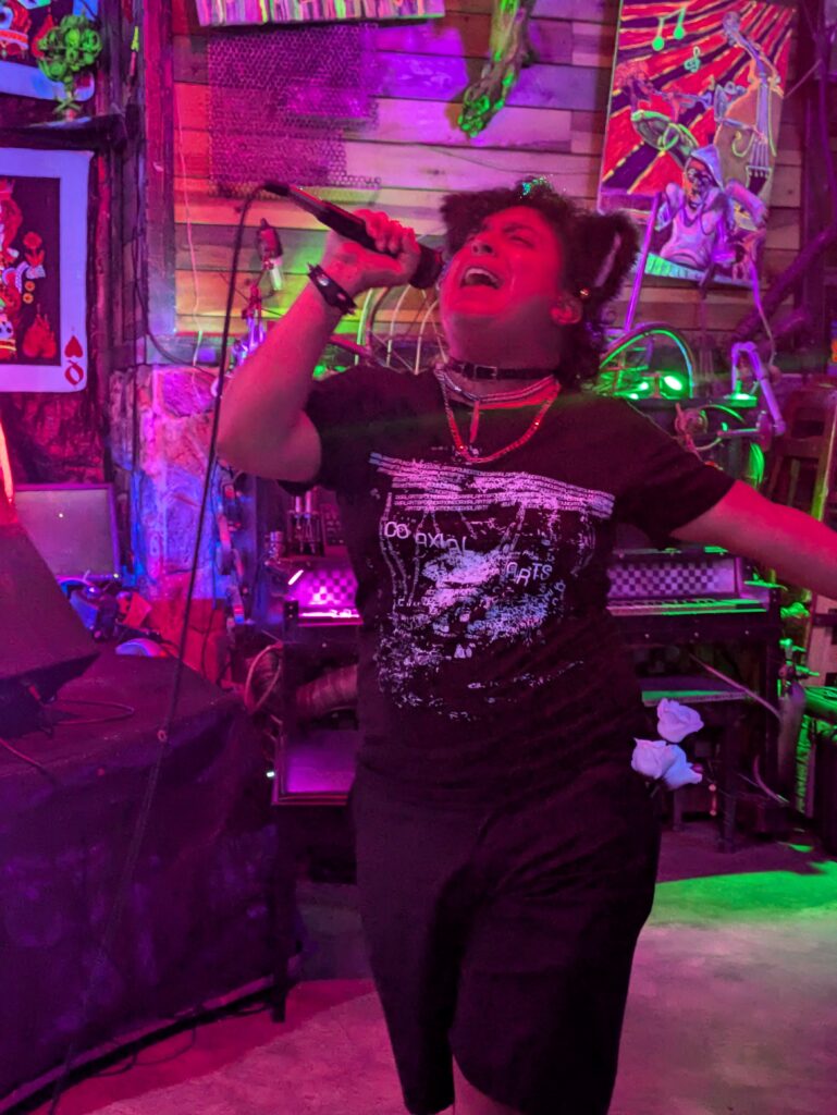 Me, wearing a black coaxial arts t-shirt & cat ears, singing into a mic