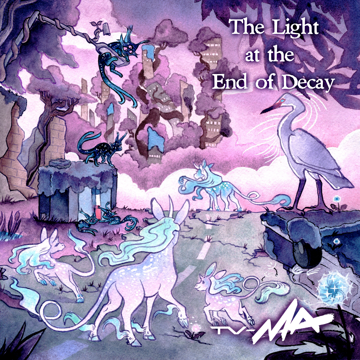 Front cover of my new album “The Light at the End of Decay.” Purple, pink, and turquoise tones with three eyed space cats, pastel unicorns, a heron, a city in ruin, and rotting cop cars.