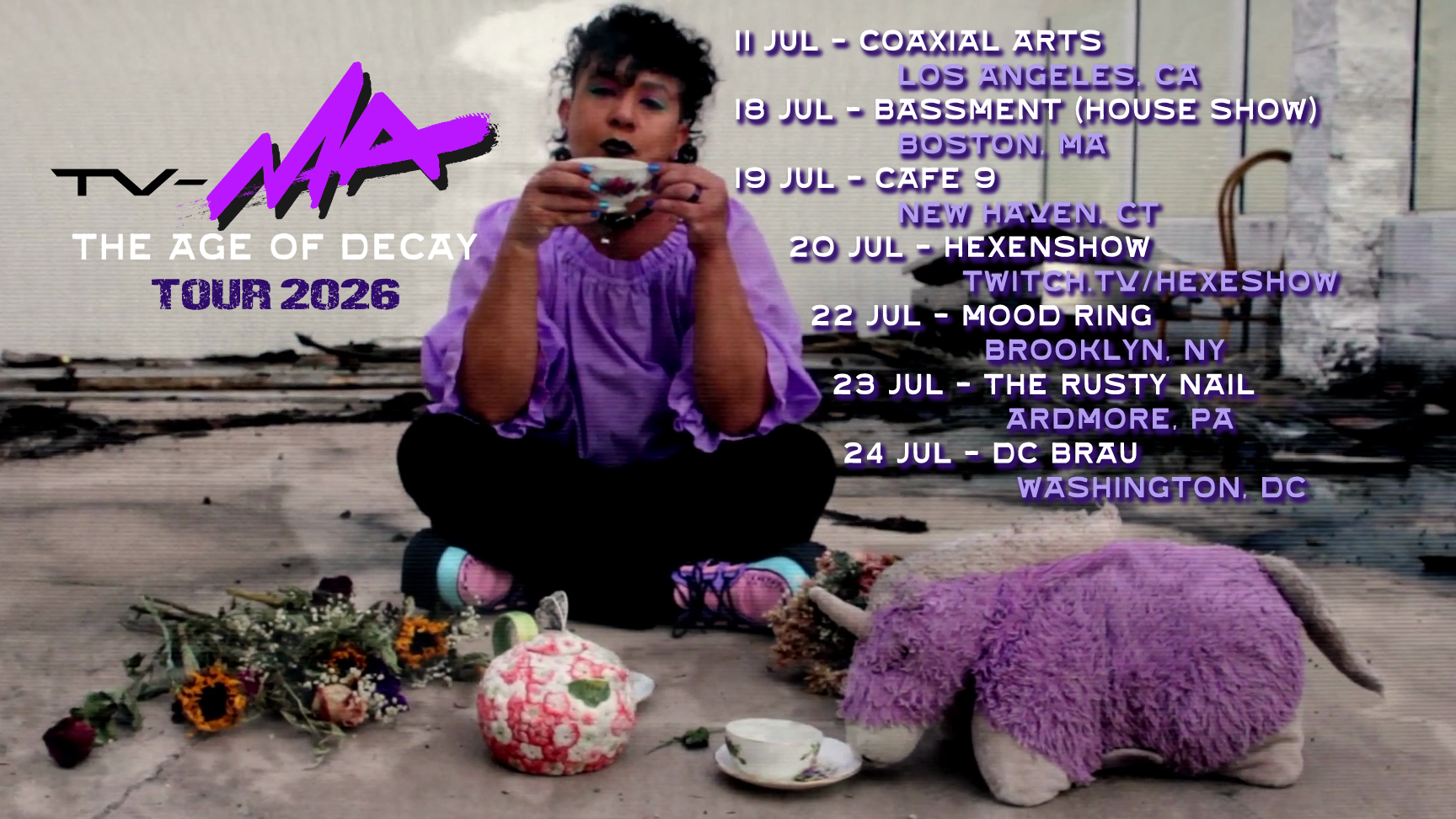 Photo of me sipping tea with my unicorn pillow pet amongst ruins. My tour dates are listed.